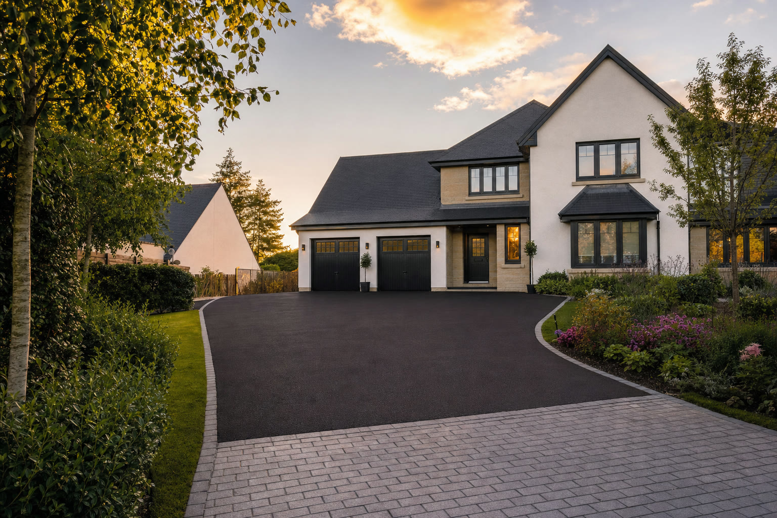 New hot-laid tarmac driveway with clean edging — Central Scotland