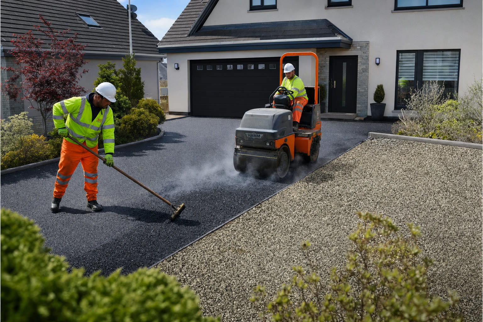 Tarmac being laid and rolled on a driveway